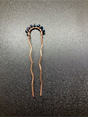 Handmade Copper Hair Pin/Fork with Dark Blue Crystal Beads